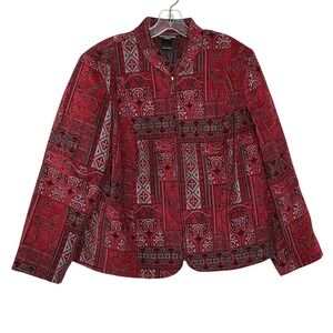 Molly Maxx Woman Red Black Silver Geometric Print Zipper Jacket Blazer 1X